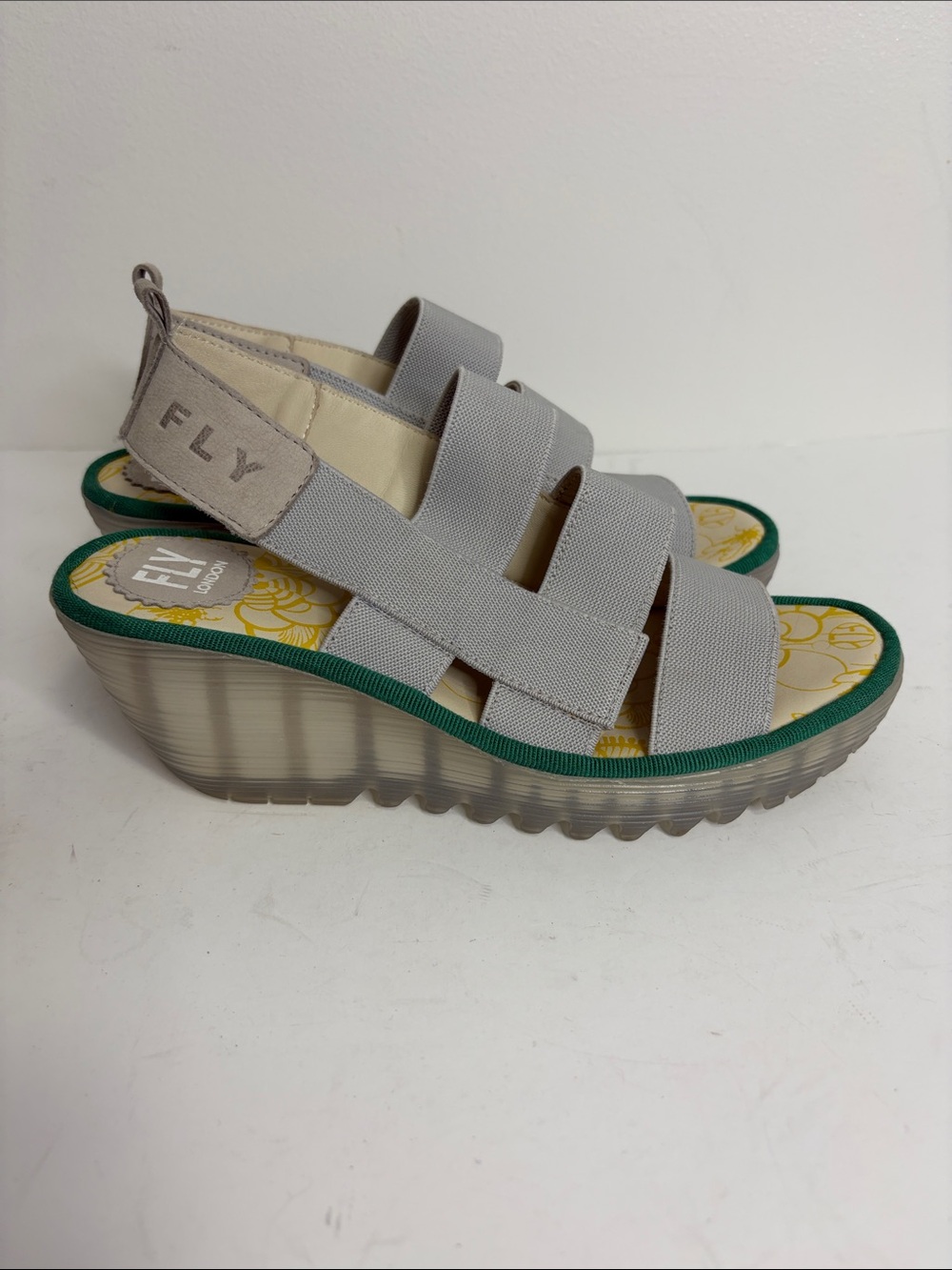 Fly London Sandals Gray Elastic Strap Wedge Platform Comfy Wedding Resortwear